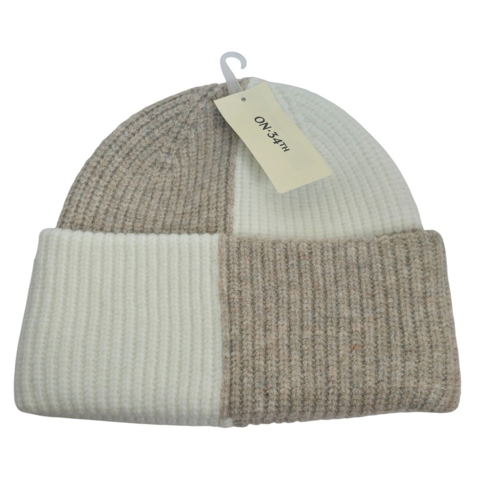 On 34th Women Colorblock Wool Blend Ribbed Knit Beanie Tan White One Size NWT